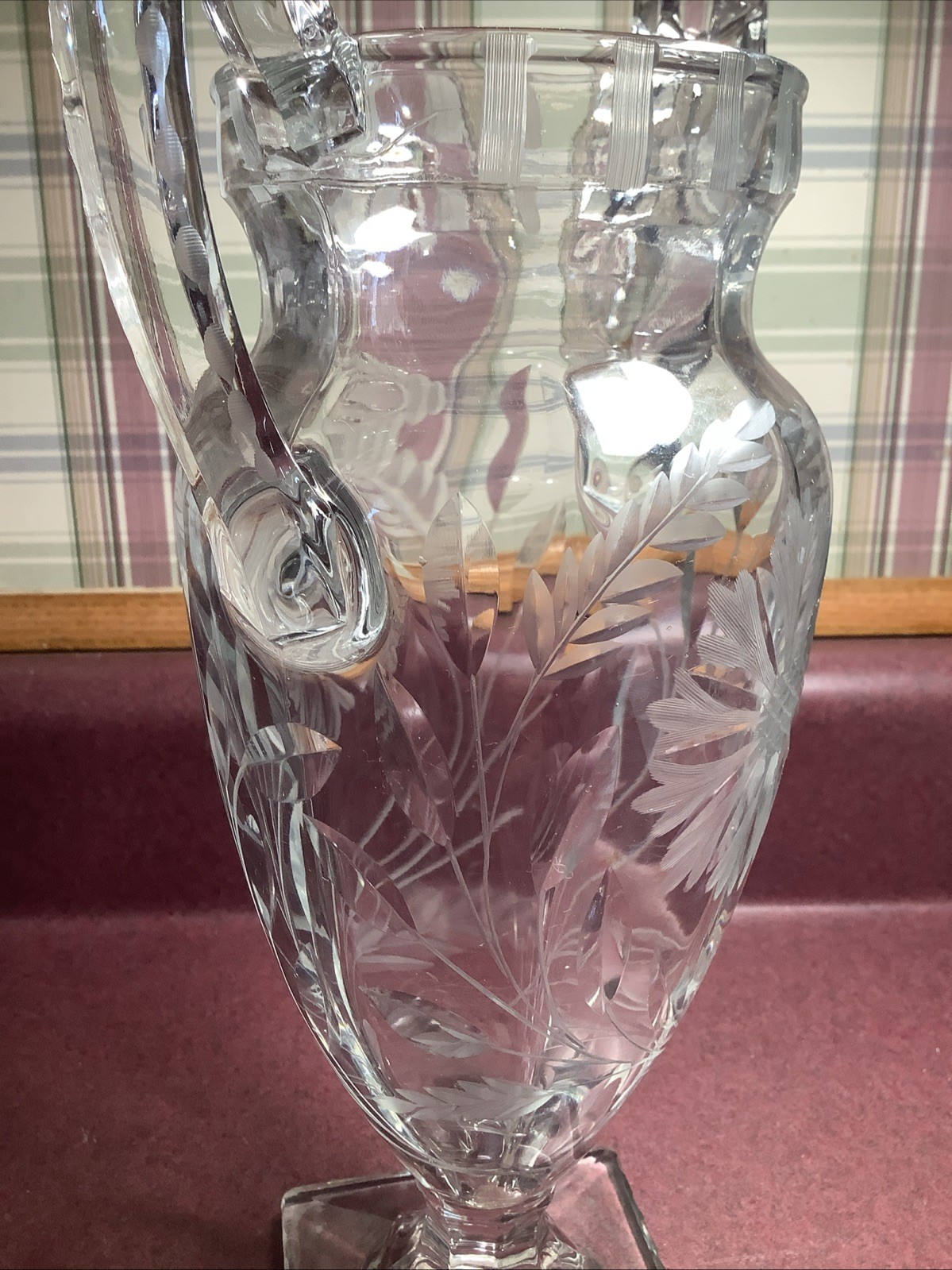 Tiffin Glass Wheat And Palm Etched Trophy Urn Double Handled Vase