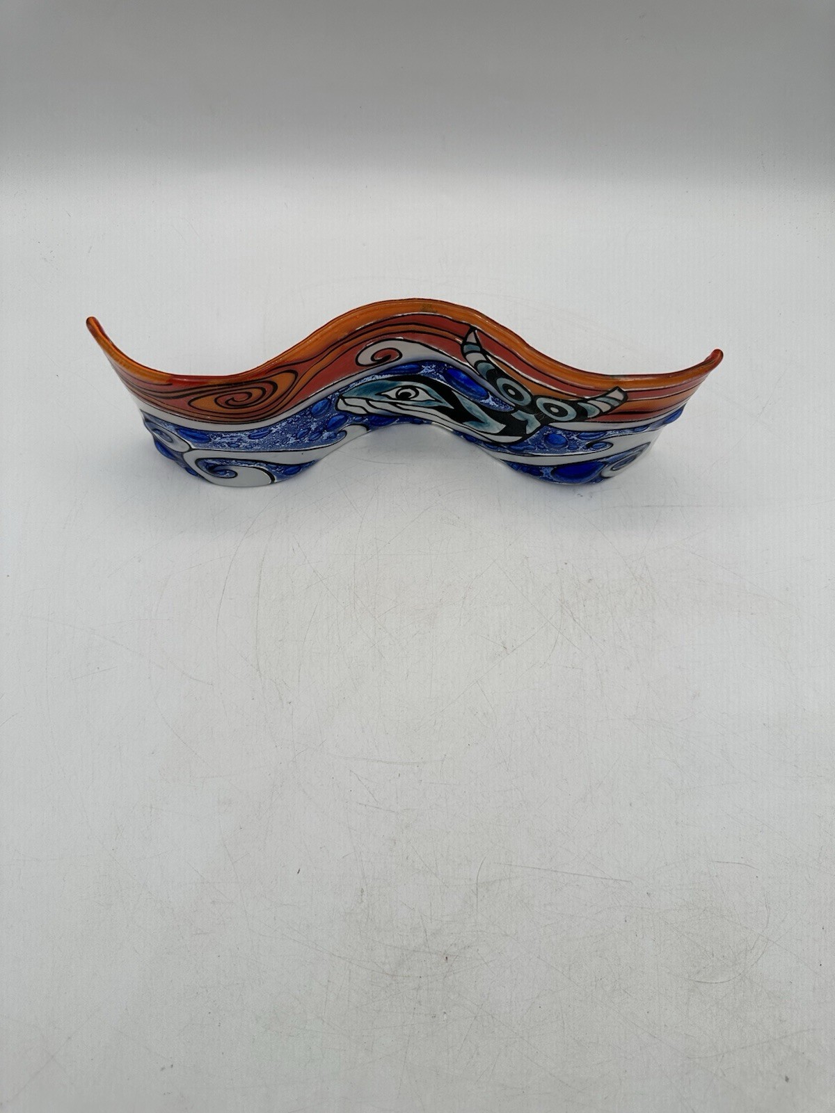 Fused Wavy Glass Display Ocean Scene With Water Whale And Sunrise 10” X 3 7/8”