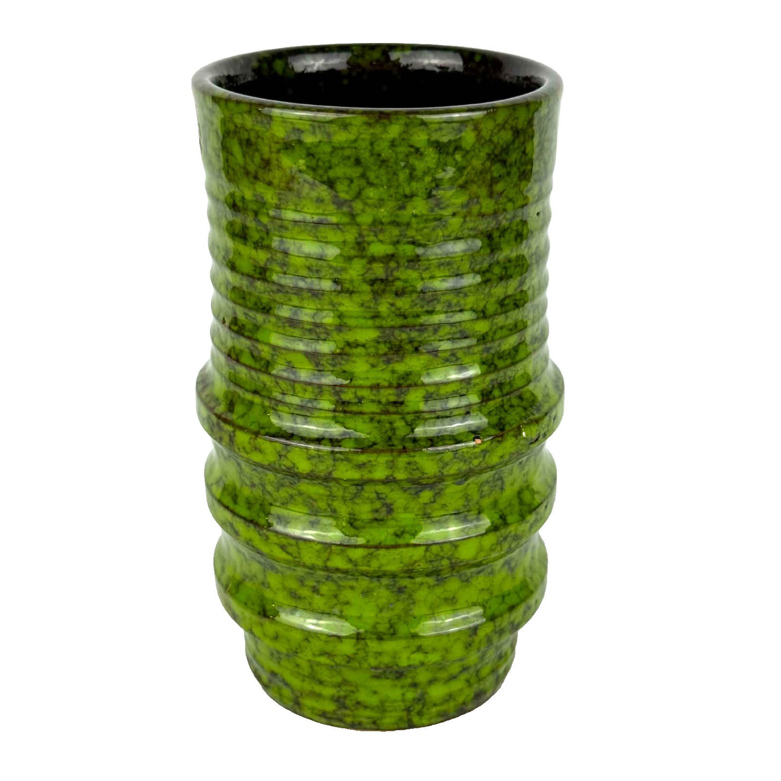 Vintage Italian Art Pottery Vase MCM Ribbed Green Mottled Glaze Made in Italy 7″