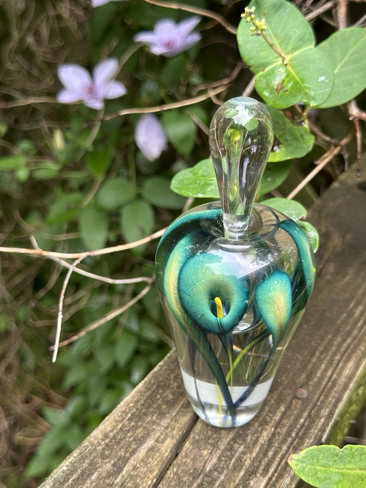 Lotton Art Glass Hand Blown Perfume Bottle Green Yellow Black Floral Signed