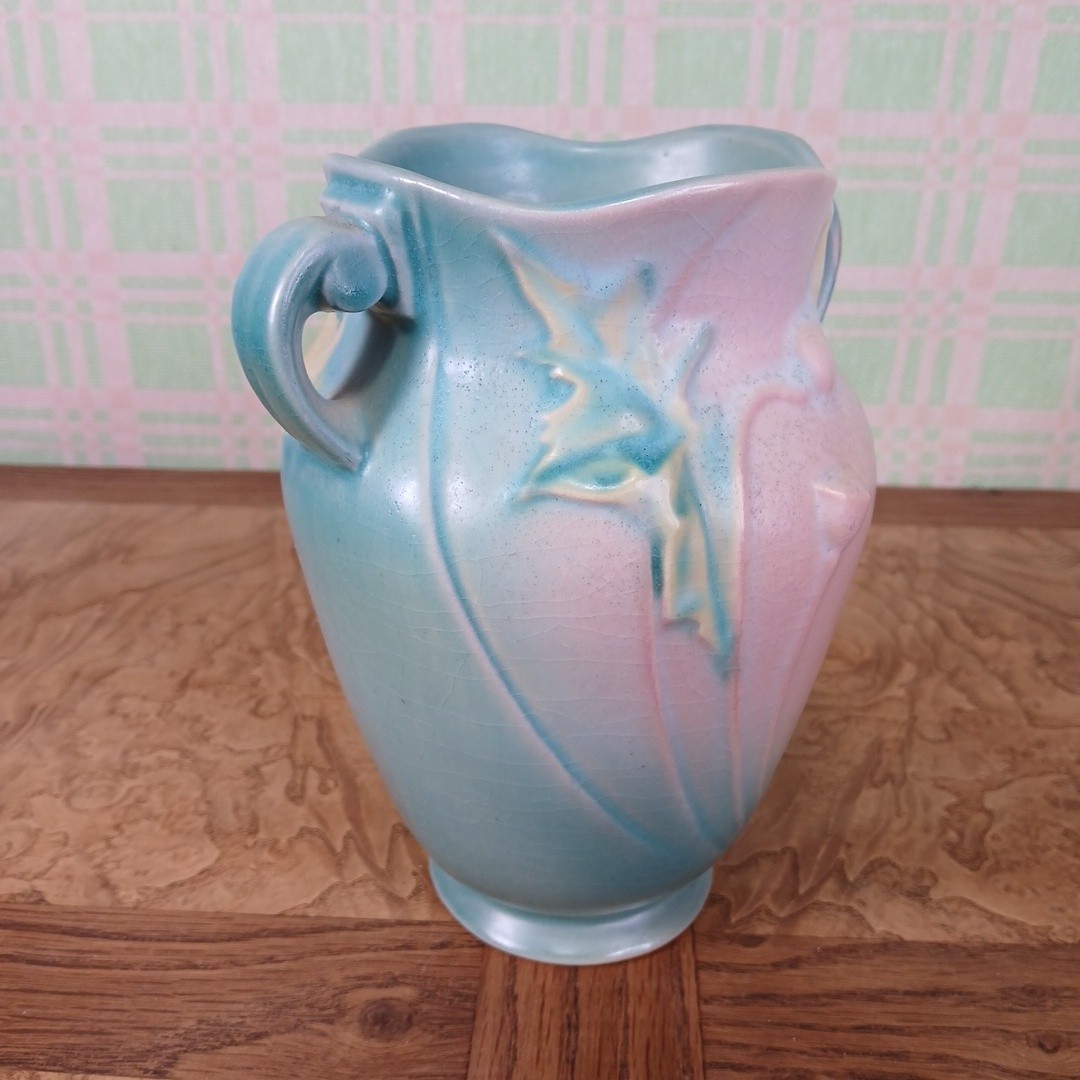 VTG 1940s Roseville Pottery Poppy Vase 868-7 Pink Blue Colorway Deco Craftsman