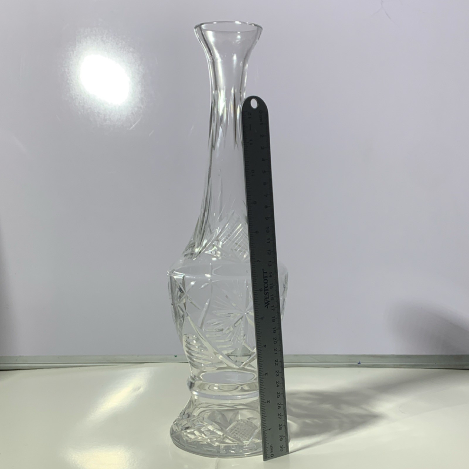 Clear Cut Glass Vase 15in Round Geometric/Floral Pattern, Decorative