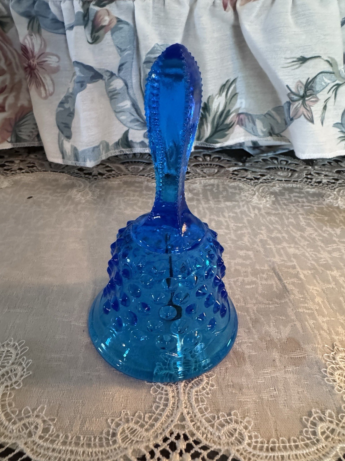 Fenton Blue Glass Hobnail Pattern Bell with Handle, Blue glass bird set
