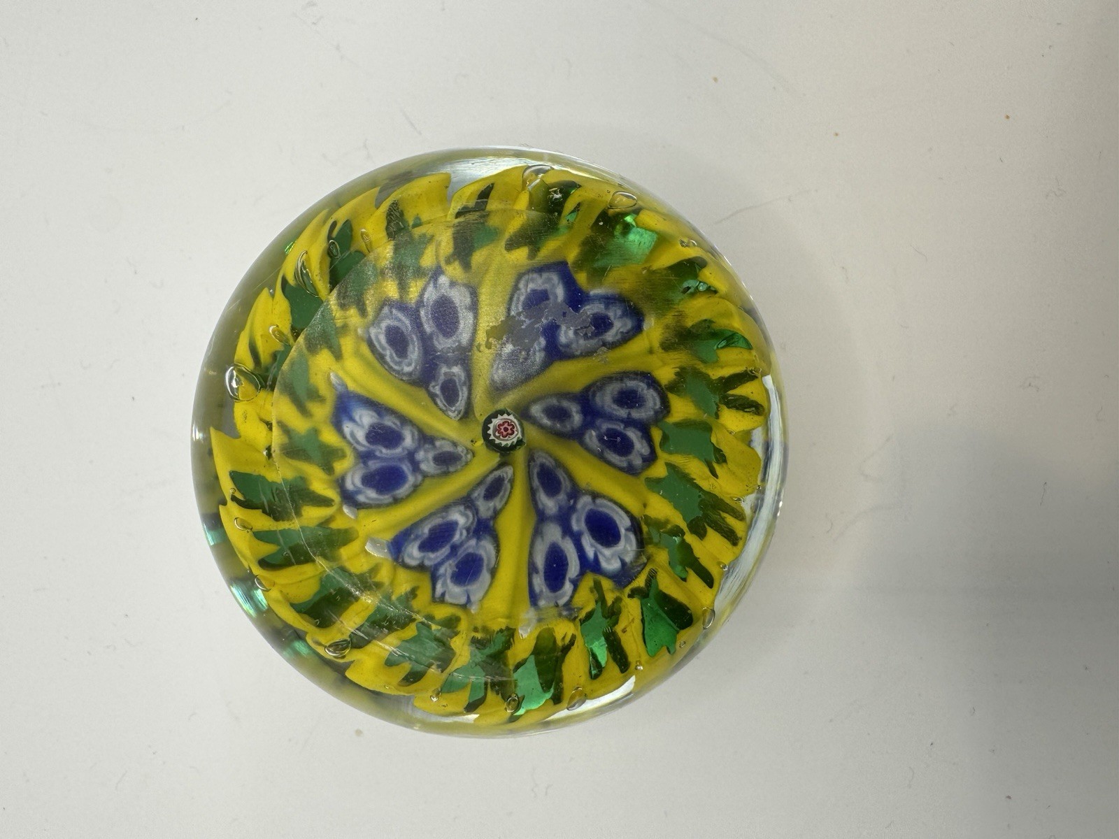 Art Glass Paperweight Millefiori-inspired Canes in blue, white, yellow, green