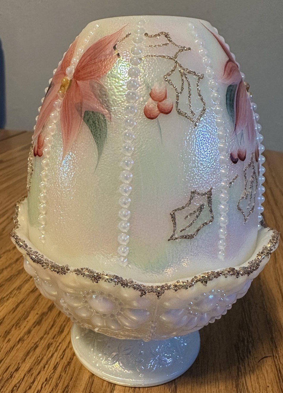 FENTON Art Glass Opalescent Poinsetta Berries Fairy Lamp Hand Painted 5.75”