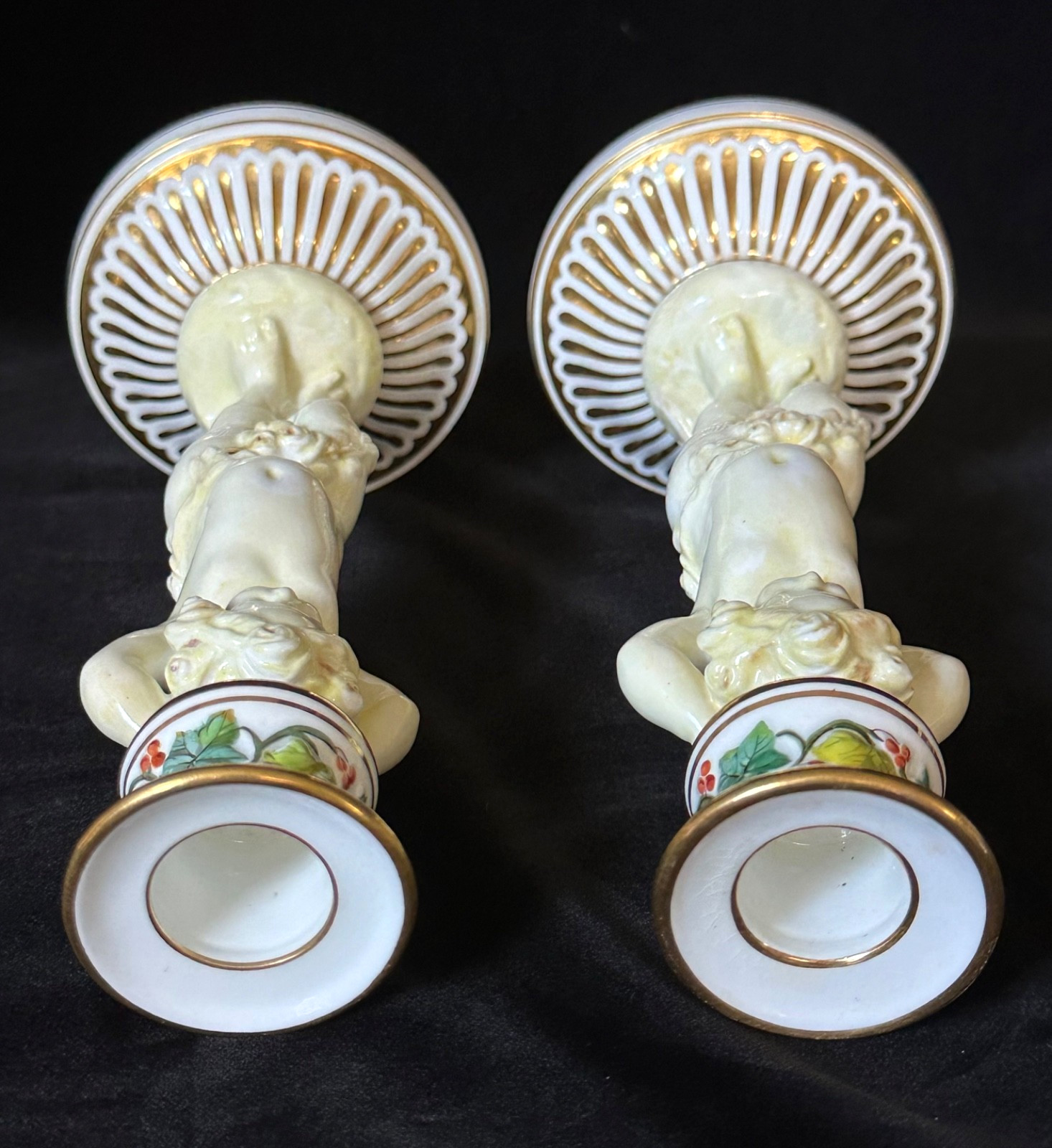 ANTIQUE MINTON PORCELAIN Compote Candlesticks Set Putti Gilt Collamore Co. с1895