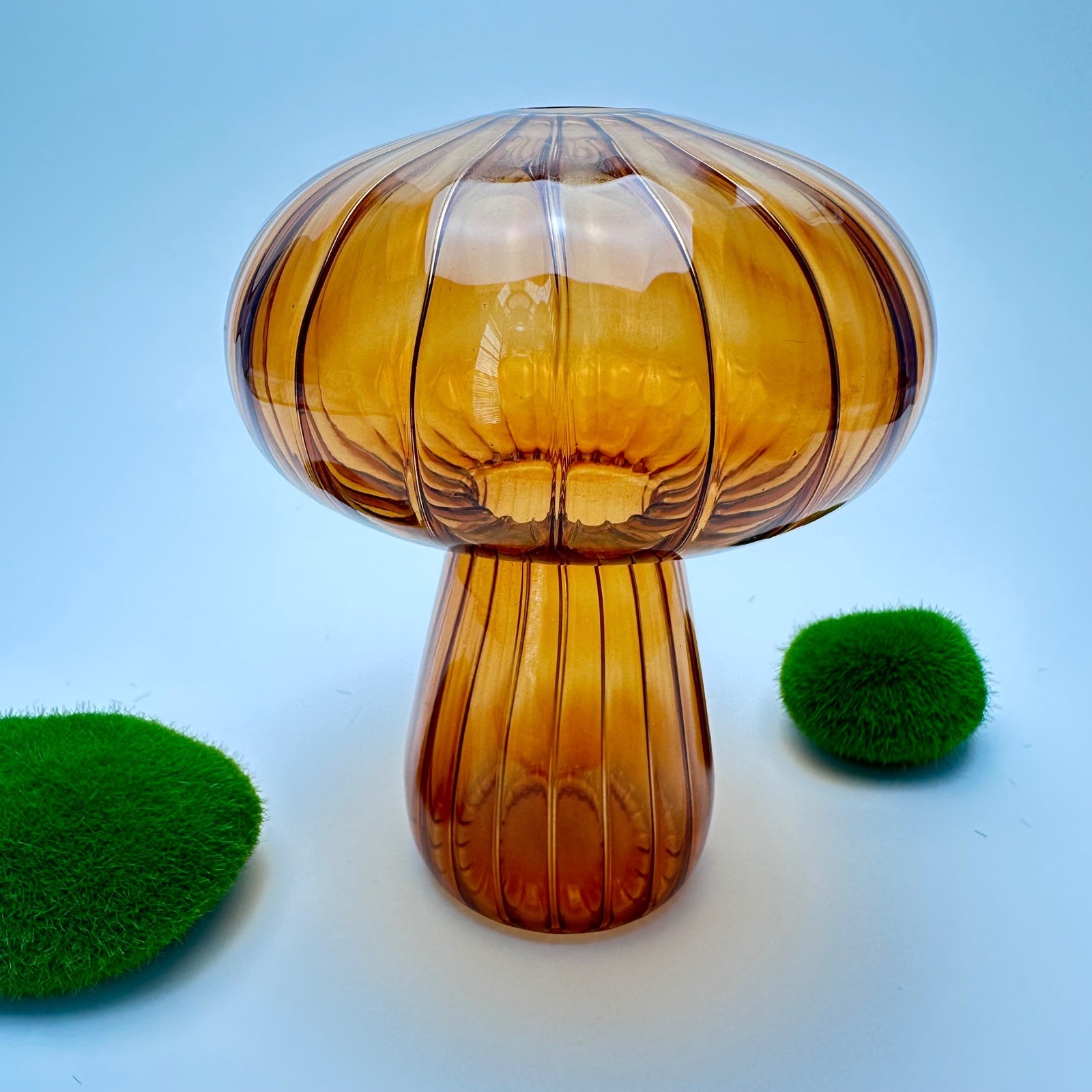 Vintage Amber Glass Mushroom Vase Ribbed Toadstool MCM Cottagecore Decor 5 inch