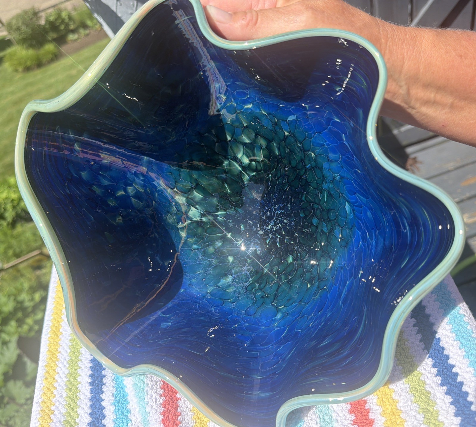 12” Large Possible Robert Eickholt Agate Glass Handkerchief Vase Bowl Ocean Blue