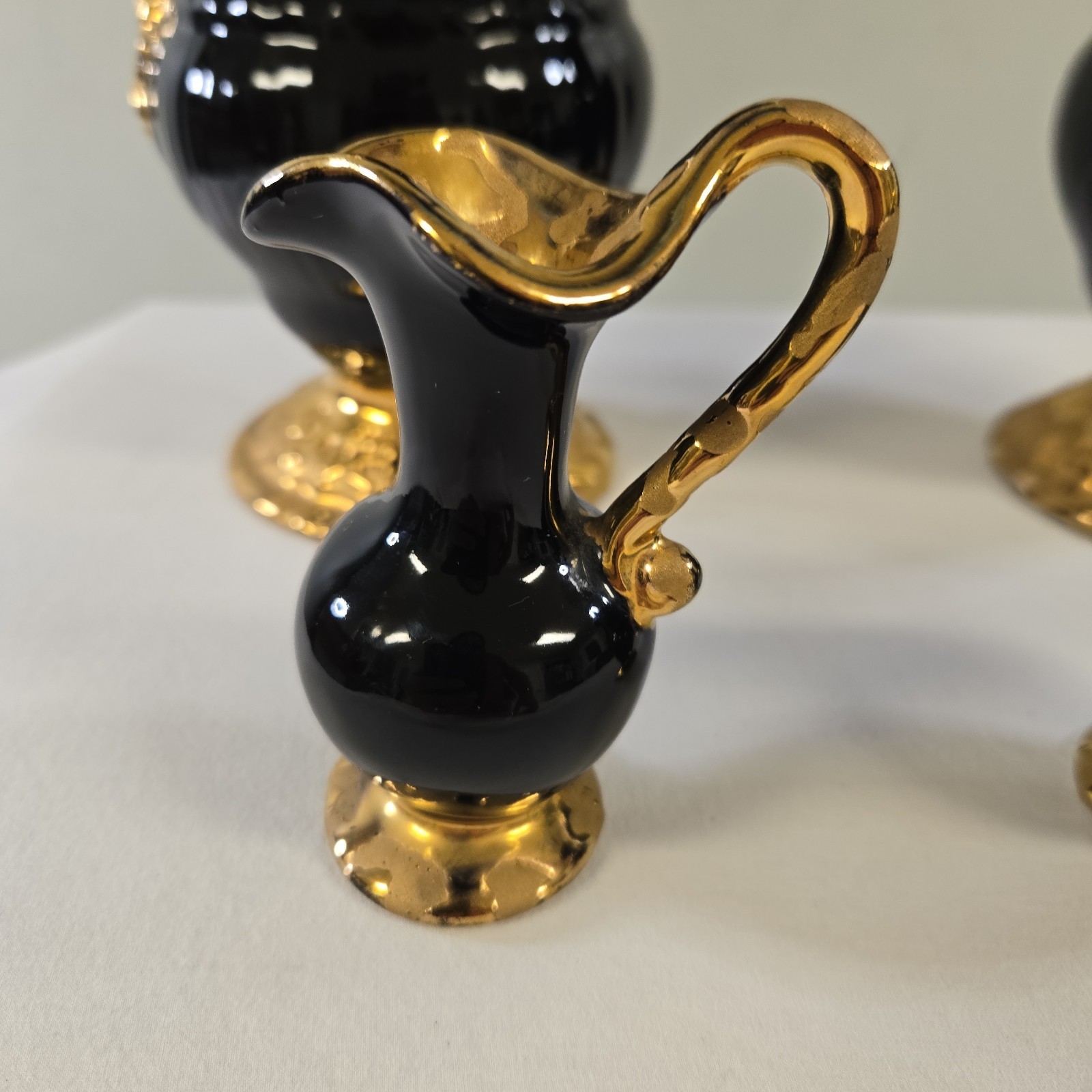 Weeping Gold And Glazed Black Pitcher Set 24K Plated Hollywood Regency MCM