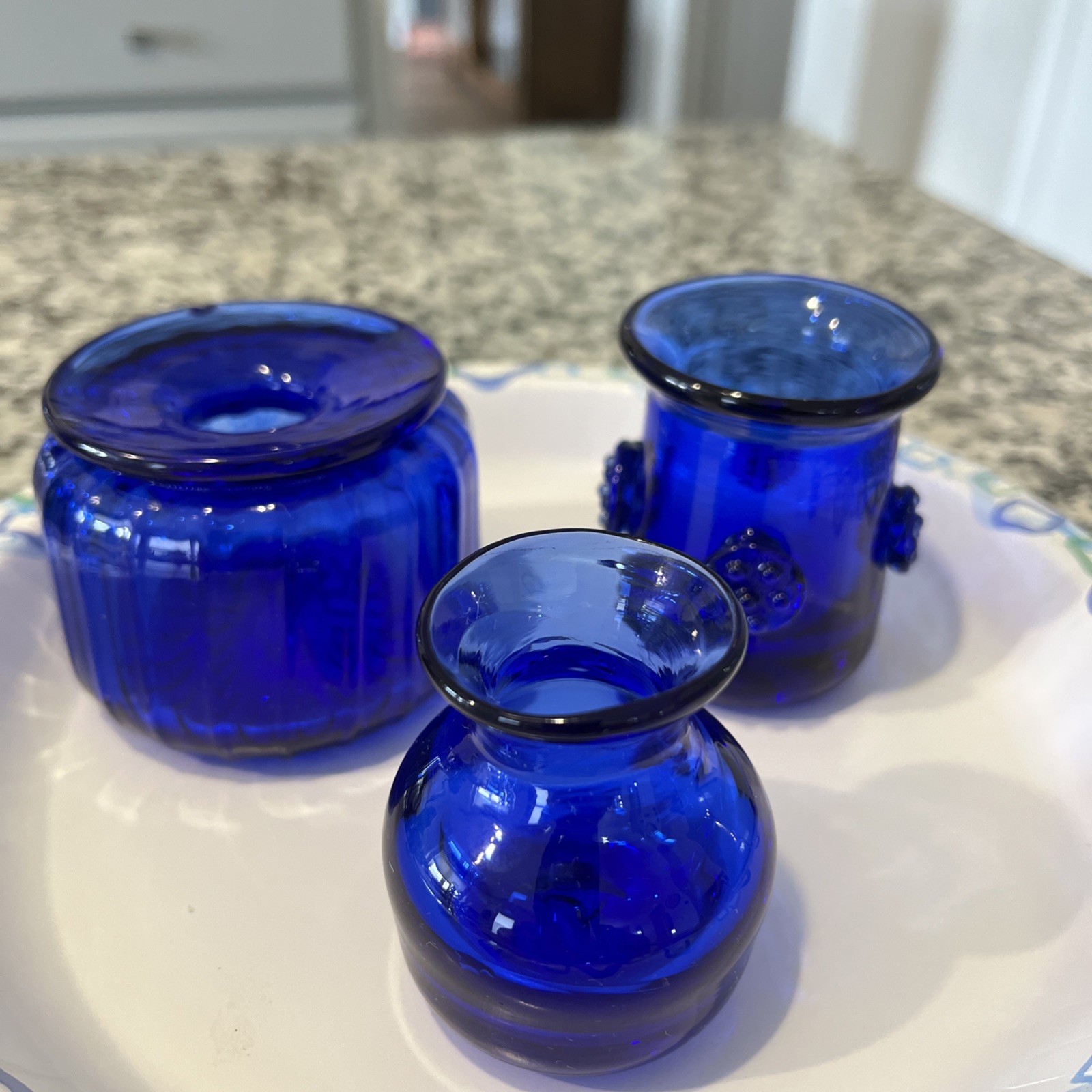 3 Pieces Of Cobalt Blue Glass Decor Jar, Vase, Bottle