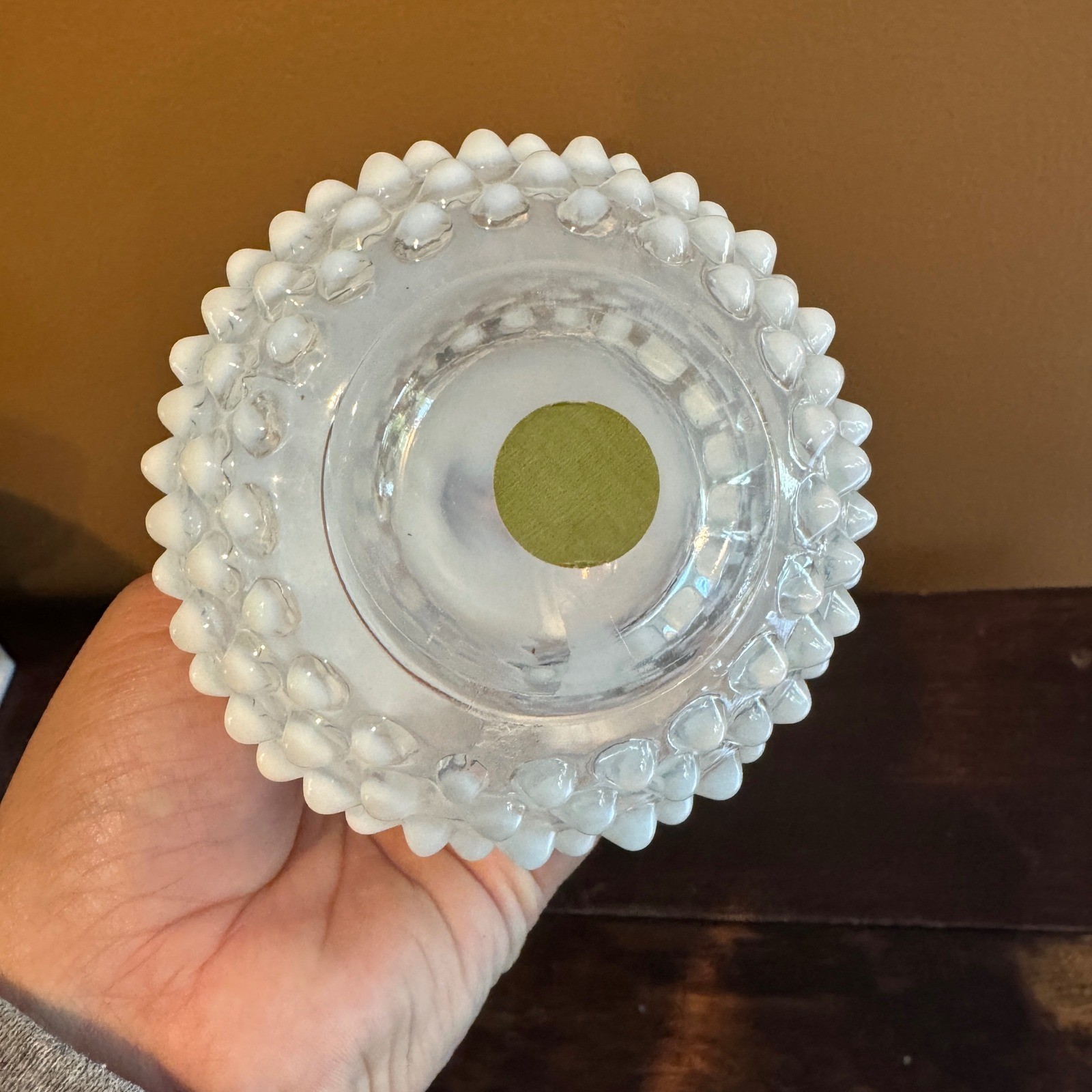 Vintage Ring of Fire Opalescent Milk Glass Hobnail Perfume Bottle & Stopper