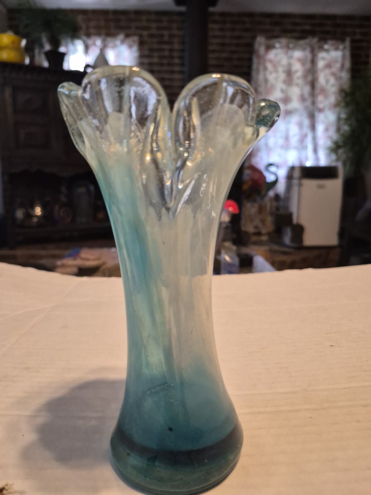 Murano? Aqua Blue White Clear Flame Scalloped Pattern Art Glass Pedal Vase 7″