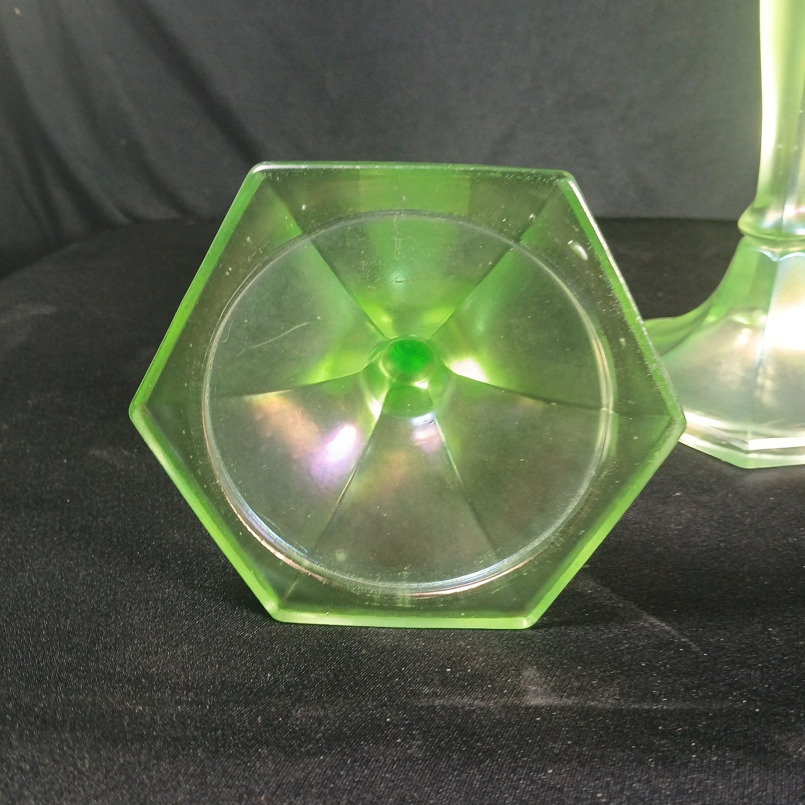 Fenton Irridescent Uranium Glass Candlesticks 10 3/8″ Tall Hexagonal Base Pair