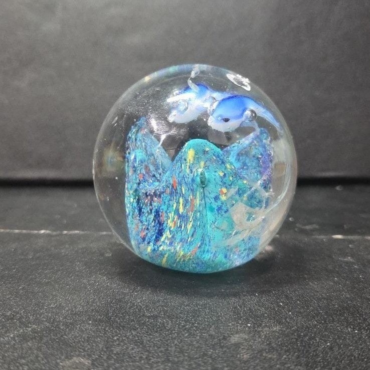 Murano Style Heavy Glass Paperweight, Nautical Seascape, Dolphin and Reef Design