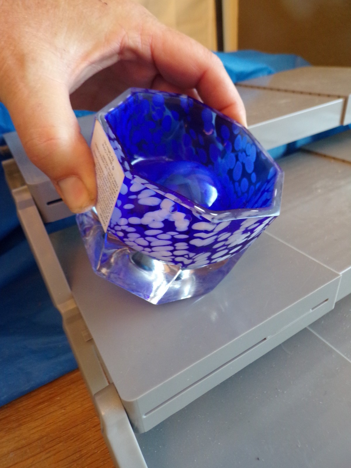 Vintage Blue & White Spotted Art Glass Oil Candle Inkwell/Paperweight