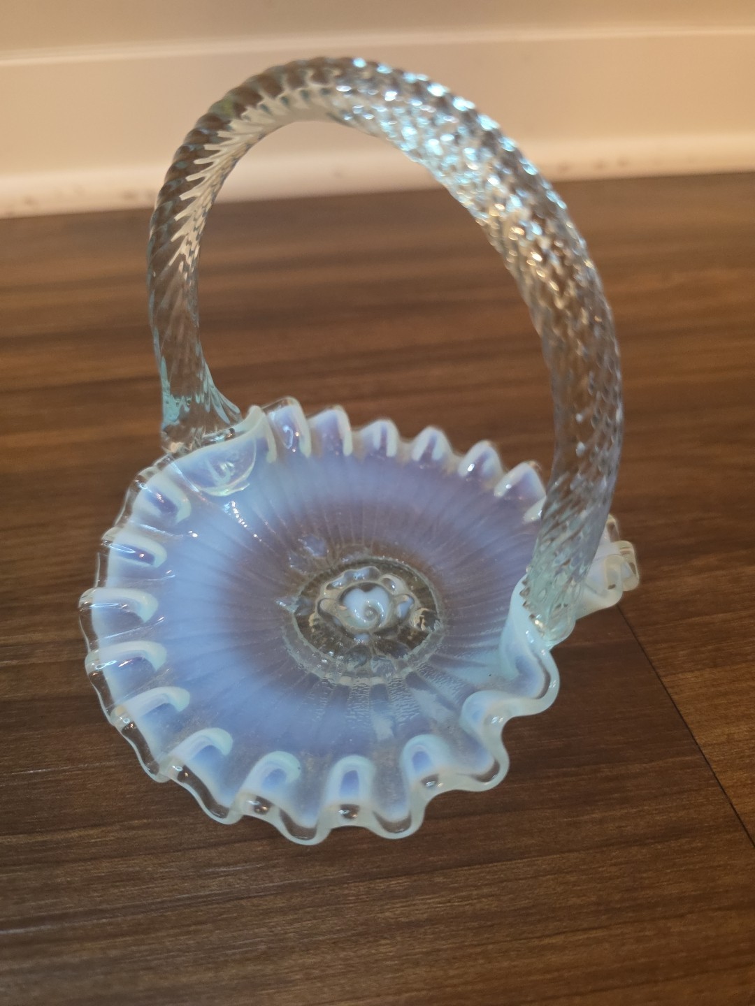 Vintage Fenton Hobnail Opalescent Vulcan Pattern Basket Bluish-White Glow