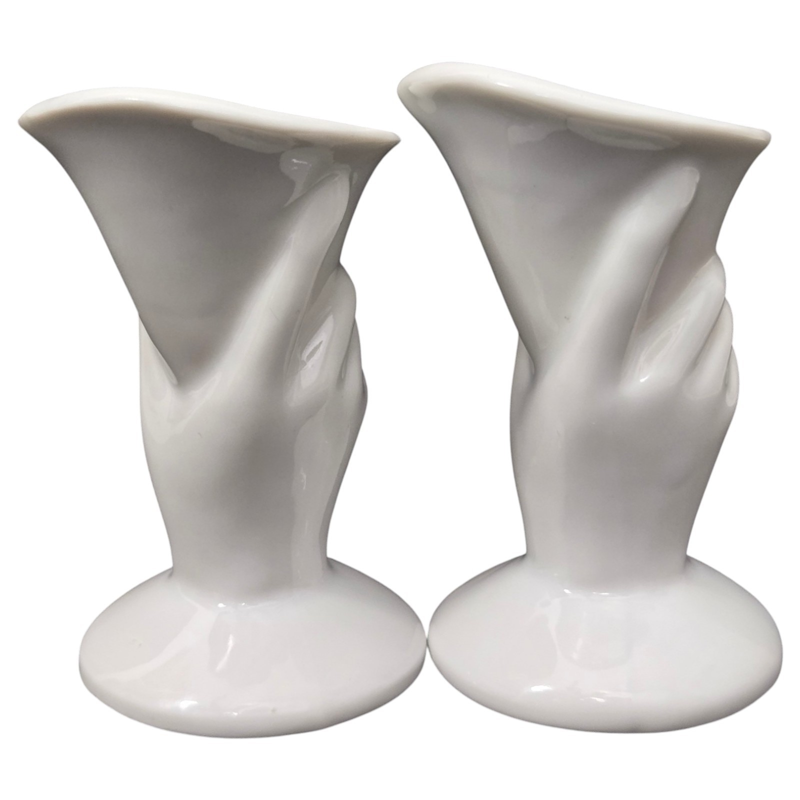 Hand Cornucopia Candle Holder Pair Vase White Porcelain Glass Vtg Art Deco Style