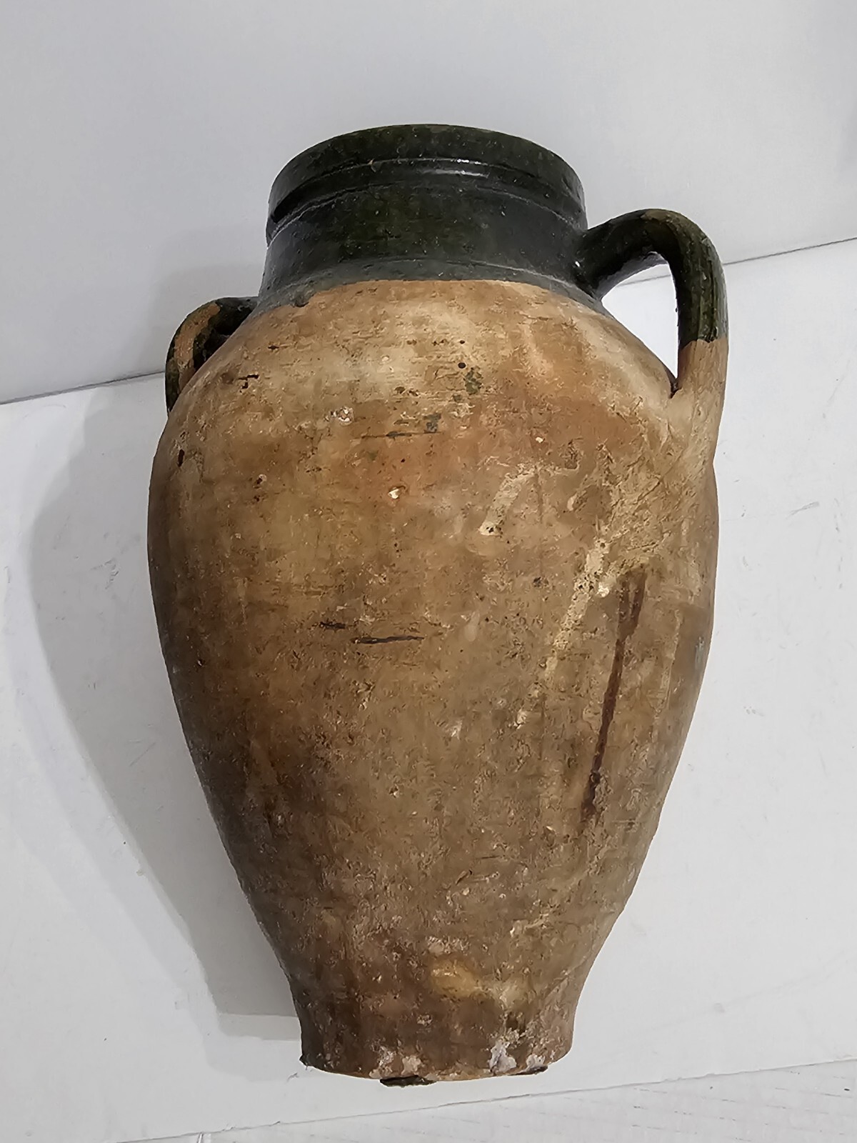 VINTAGE TURKISH TERRACOTTA VASE CLAY POTTERY TWO HANDLES GREEN GLAZE TOP