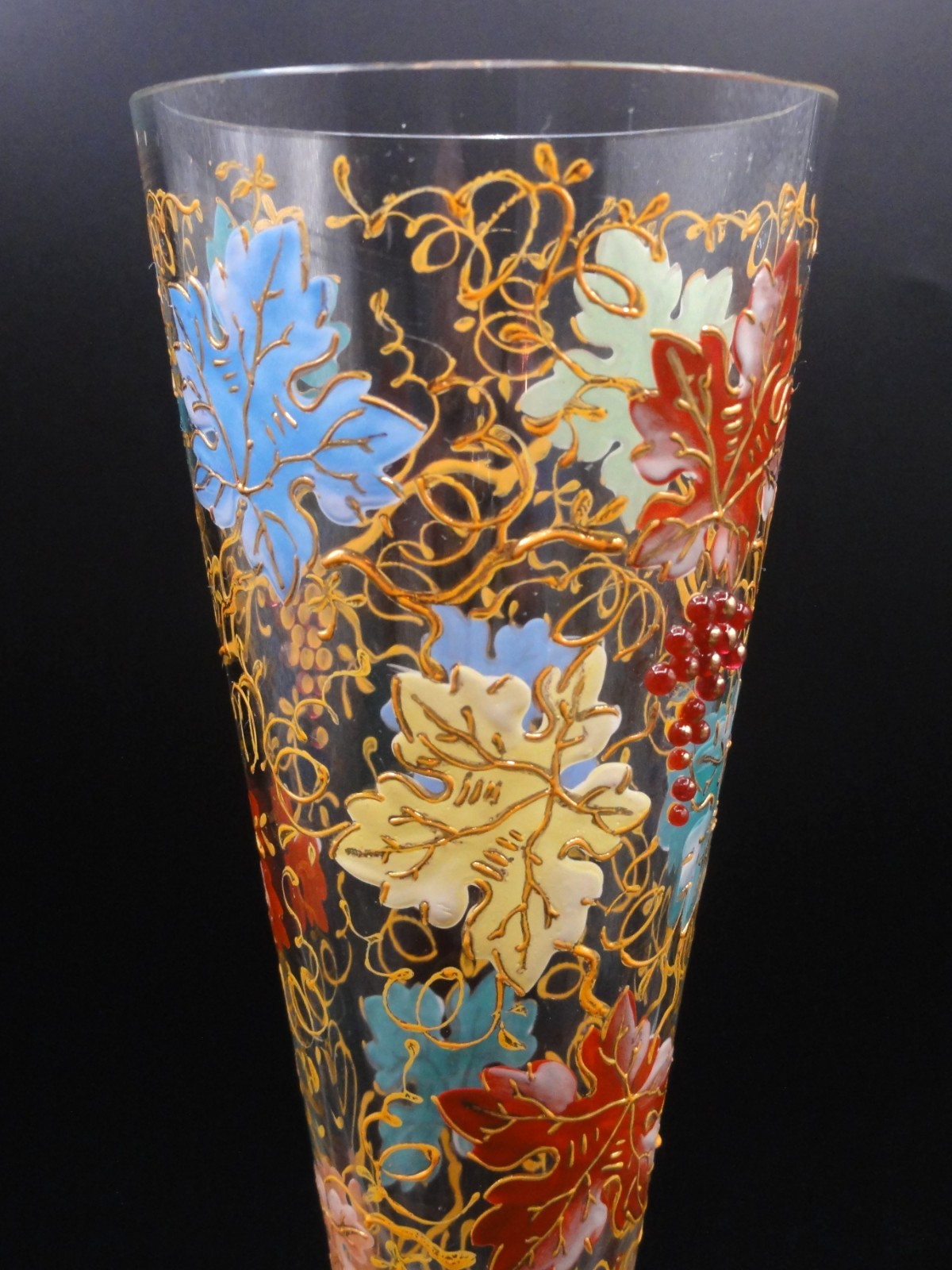 Antique Harrach Art Glass Vase w/ Moser Hand Painted Enamel + Bead Grape Leaves