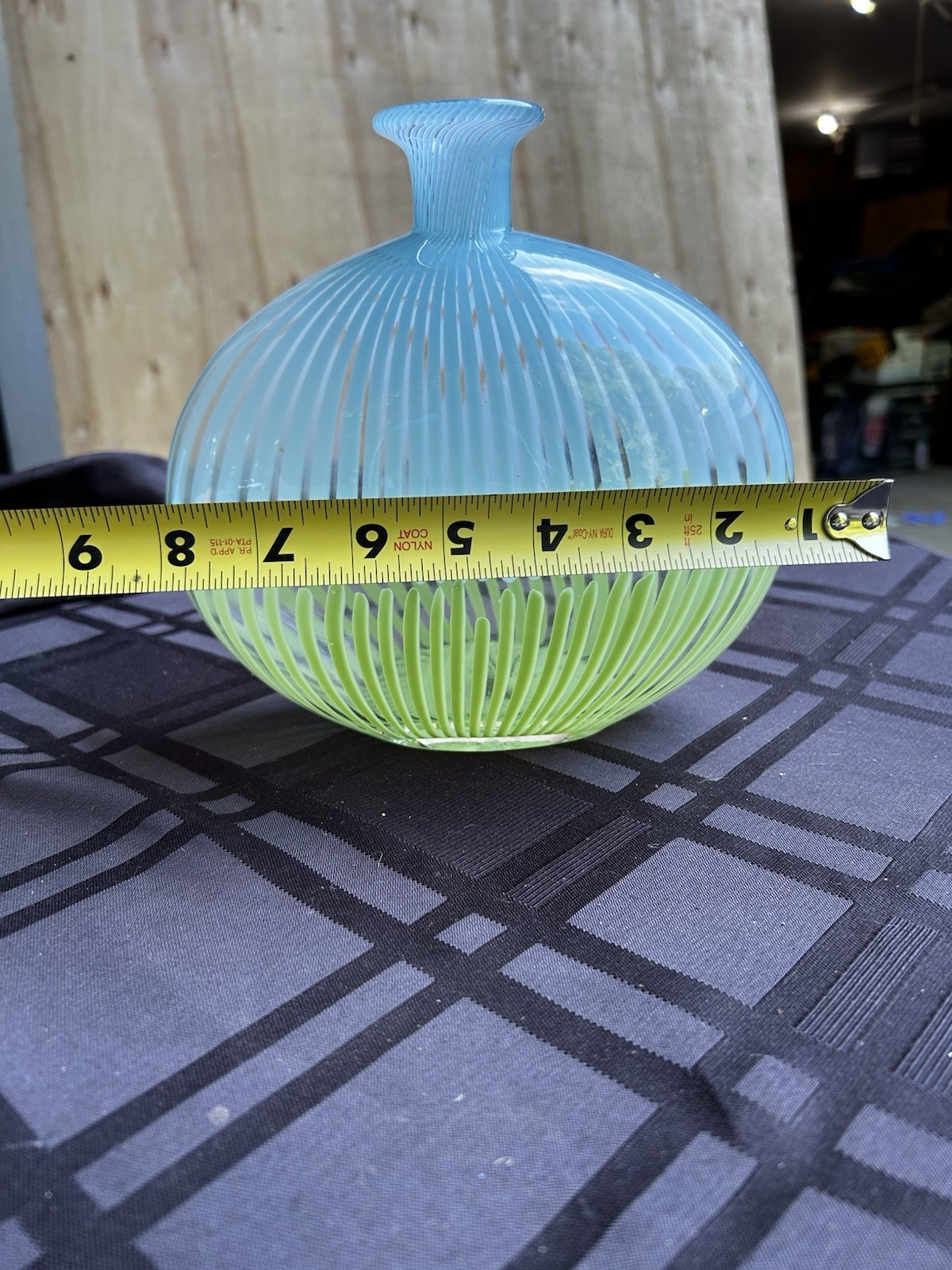 Blue & Green Striped Glass Vase, Glossy Finish Decorative 8 in x 8 in