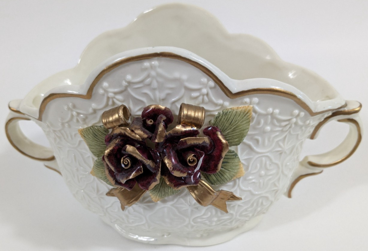 VTG Porcelain Floral Basket Vase Handles Roses on the Front Vase Jar Dish Decor