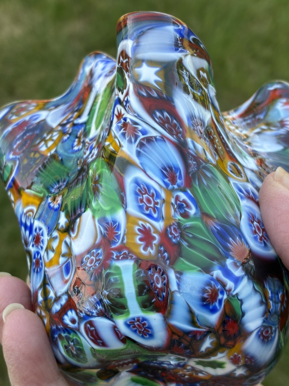 Murano Venice Italy Hand Blown Glass Millefiori Handkerchief Vase Multicolor 4”
