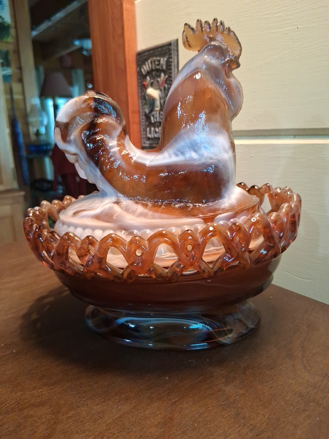 Imperial Glass Carmel Slag Rooster Hen on a Nest