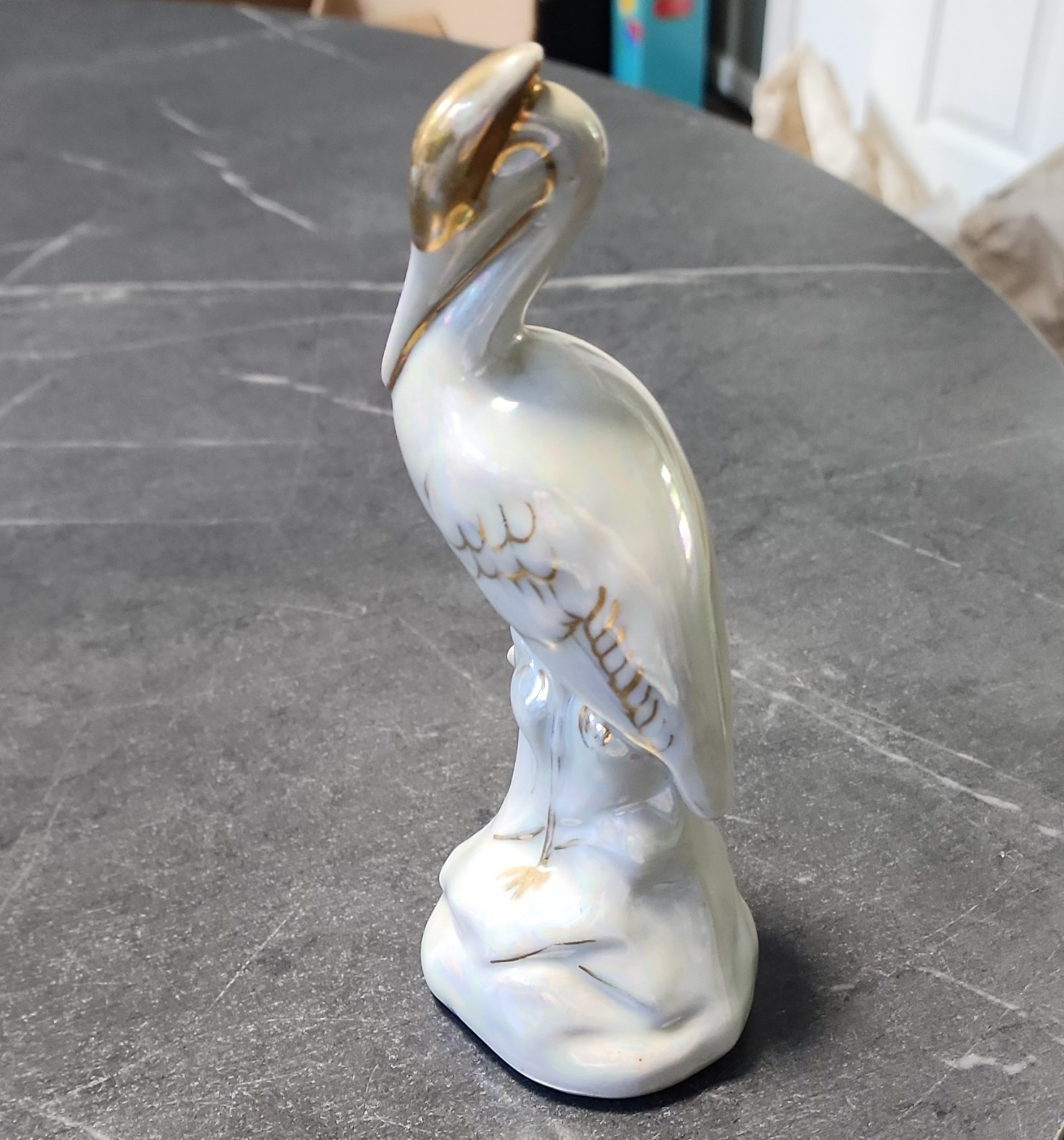 Kass U..A Porcelain Hand Painted Heron Bird Figurine Gold Accents Japan Mid C
