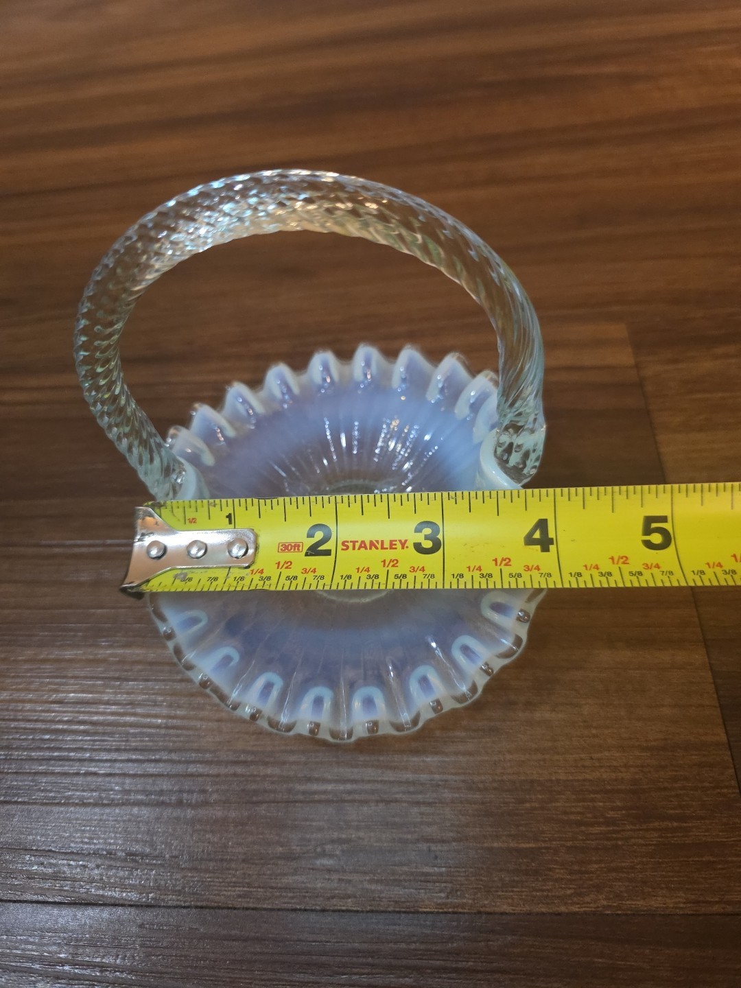 Vintage Fenton Hobnail Opalescent Vulcan Pattern Basket Bluish-White Glow