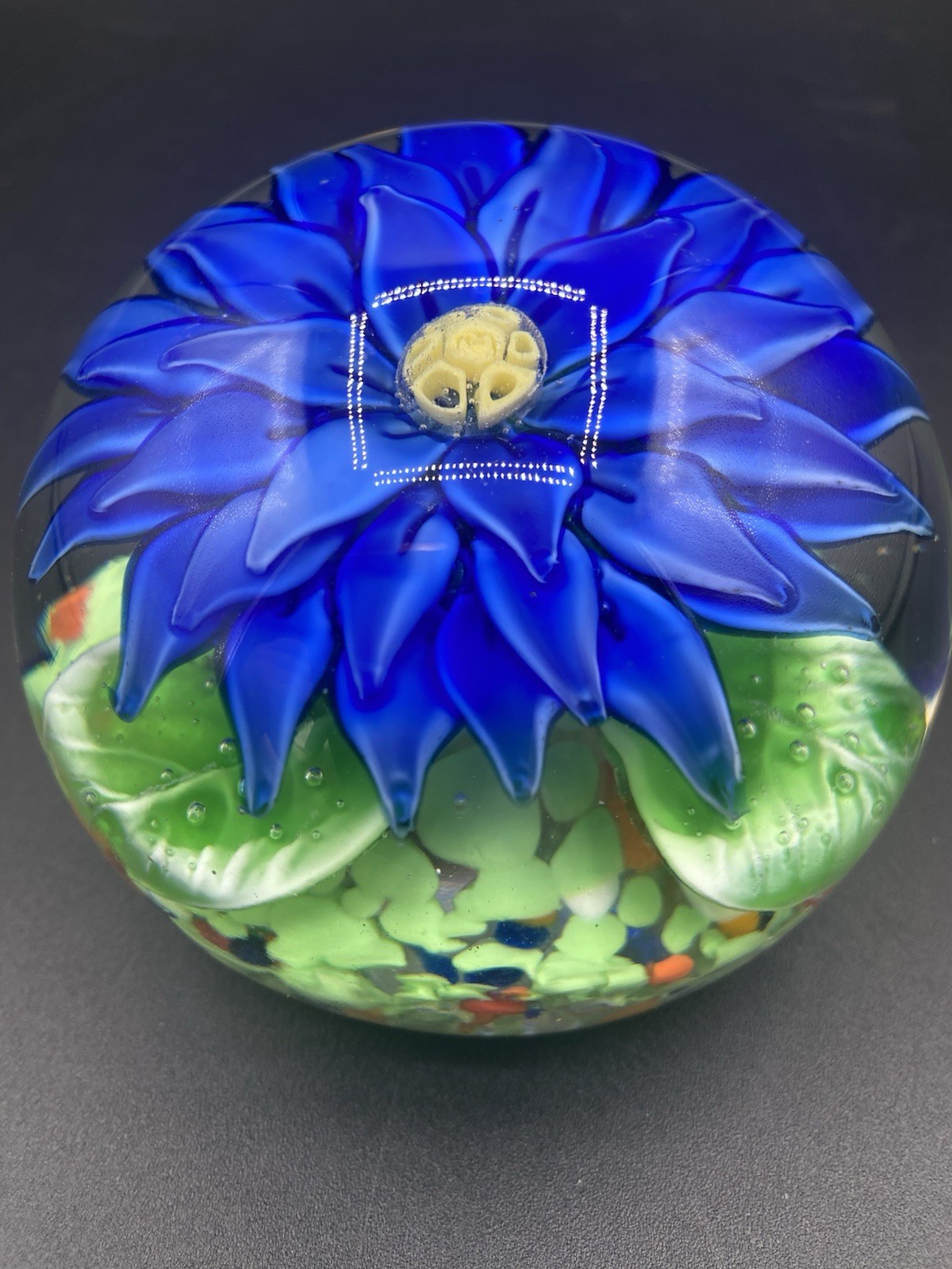 Murano Blue Floral Paperweight Handmade in Italy w/ MURANO Sticker
