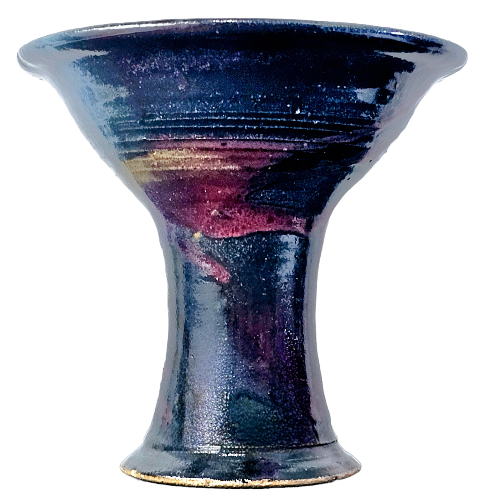 VTG Studio Art Pottery Pedestal Bowl Drip Glaze Violet Blue Beige Signed 9.5″