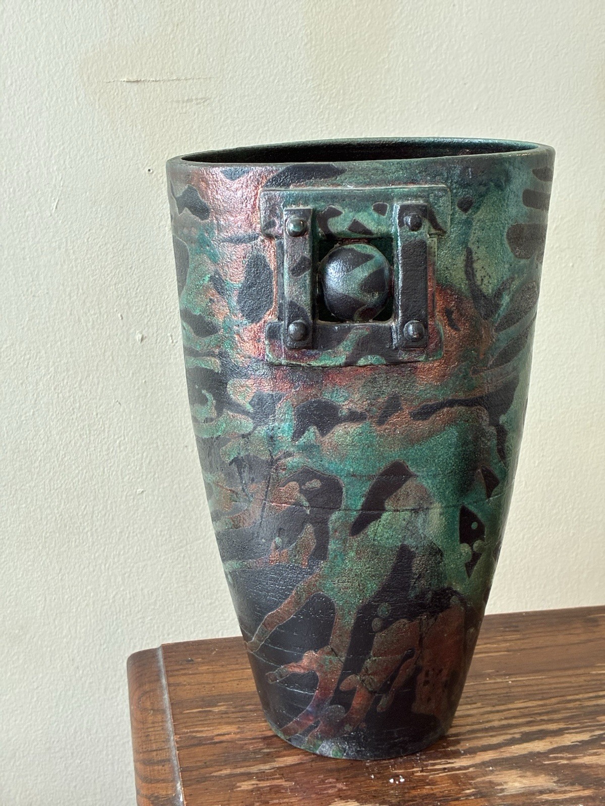 Signed Studio Crafted Ceramic Vase Green Black Copper Abstract