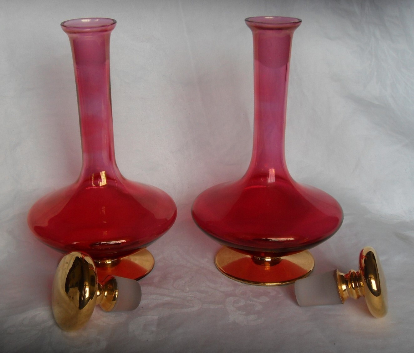 Vtg Cranberry Art Glass Decanter Carafe Bottles w/Gold Gilt Lid IRICE W. Germany