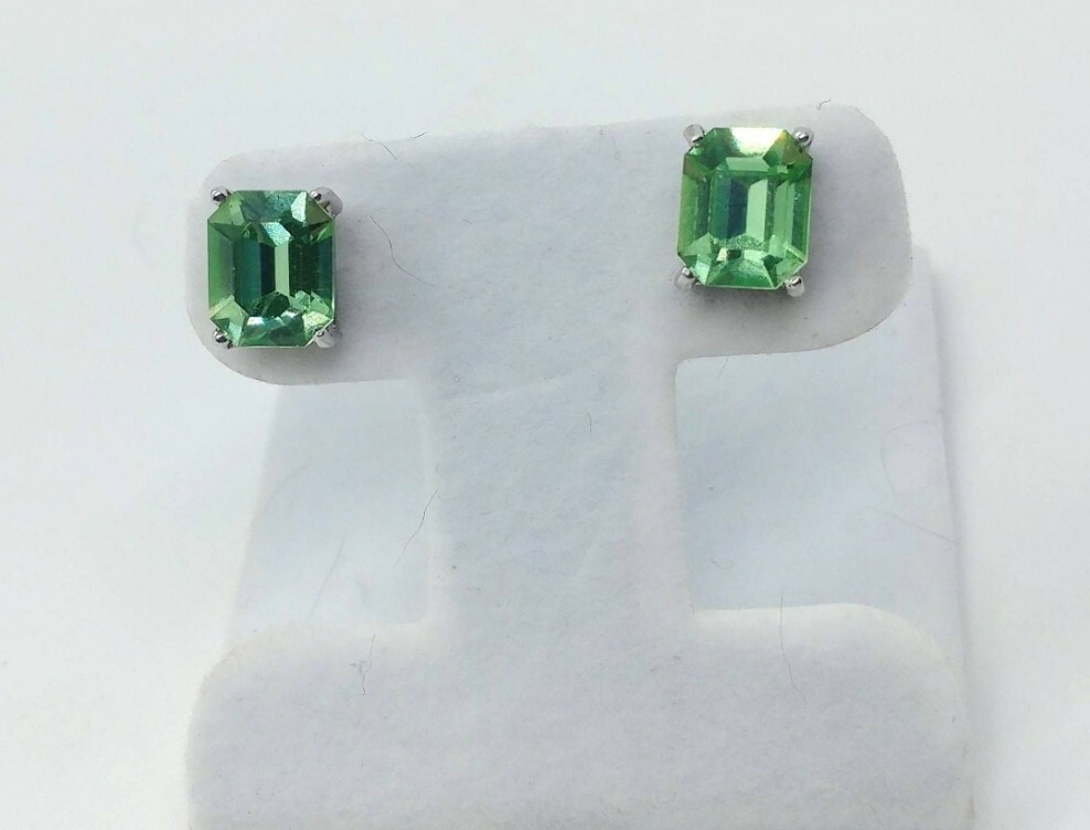 Sterling Uranium Glass Earrings Green Faceted Emerald Cut Studs 925 Silver