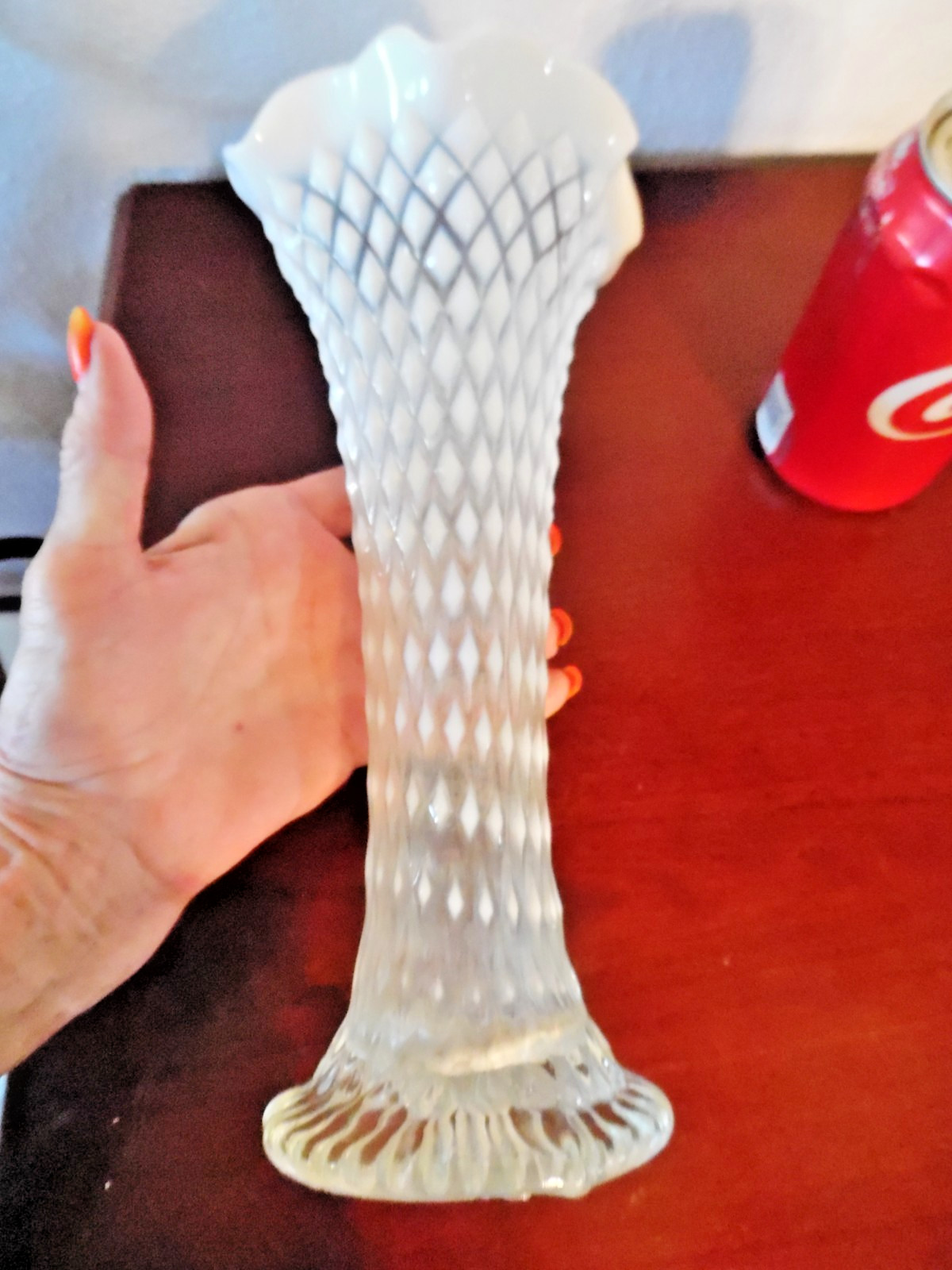 Vintage Northwood Opalescent Diamond Point Swung Vase 11″
