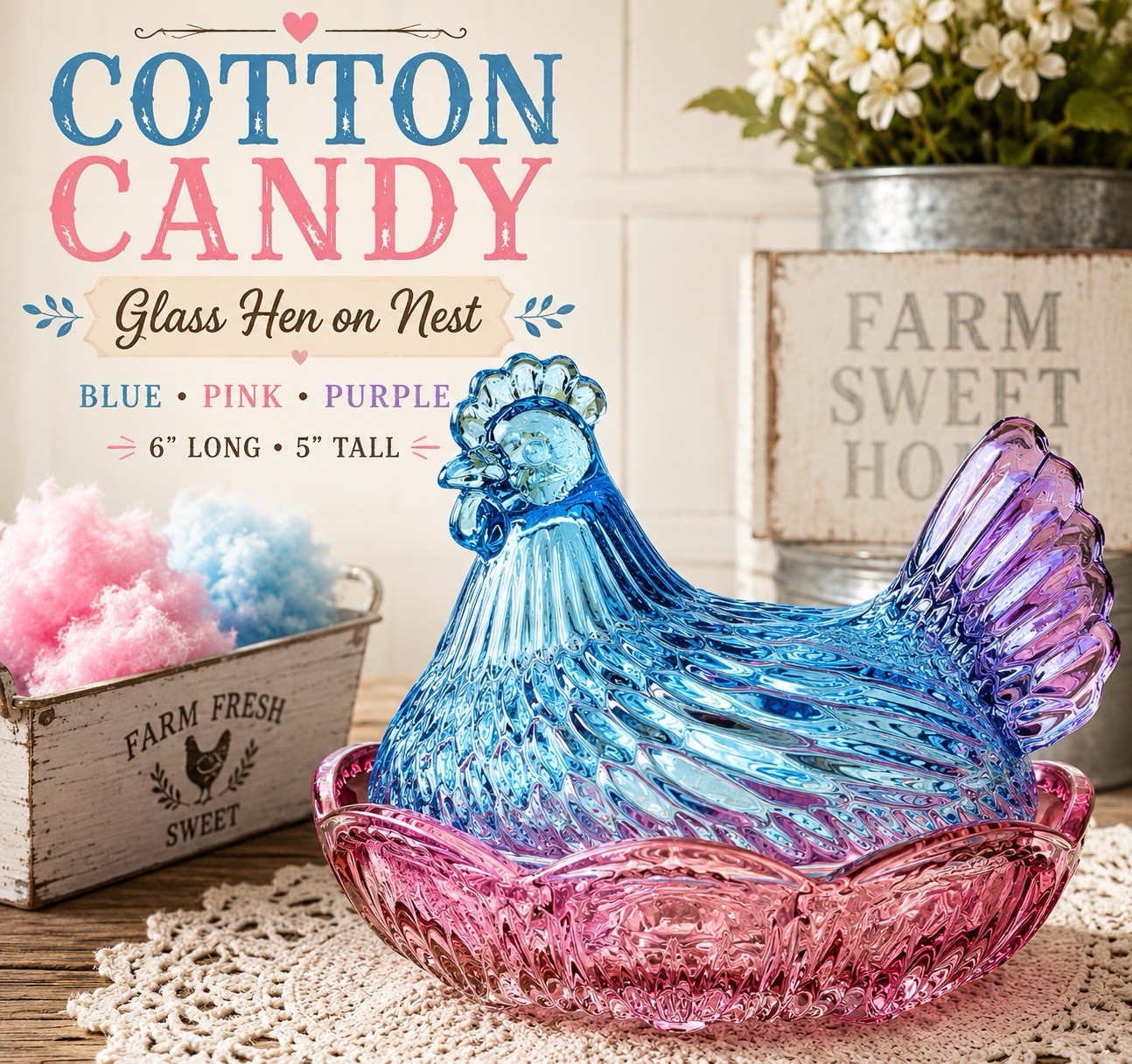 Cotton Candy Glass Hen on Nest Covered Dish –Blue, Pink & Purple Farmhouse Decor