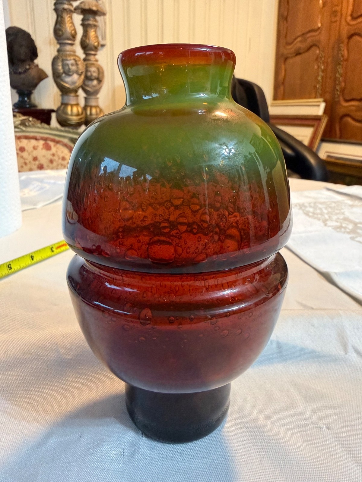 Vintage MCM Art Glass Vase Controlled Bubble Multi Color Tiered Ground Base 7″