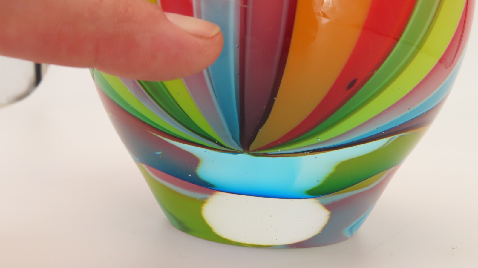 Vibrant Multi Colored Striped Sommerso Base Heavy Art Glass Pitcher Vase 9” High