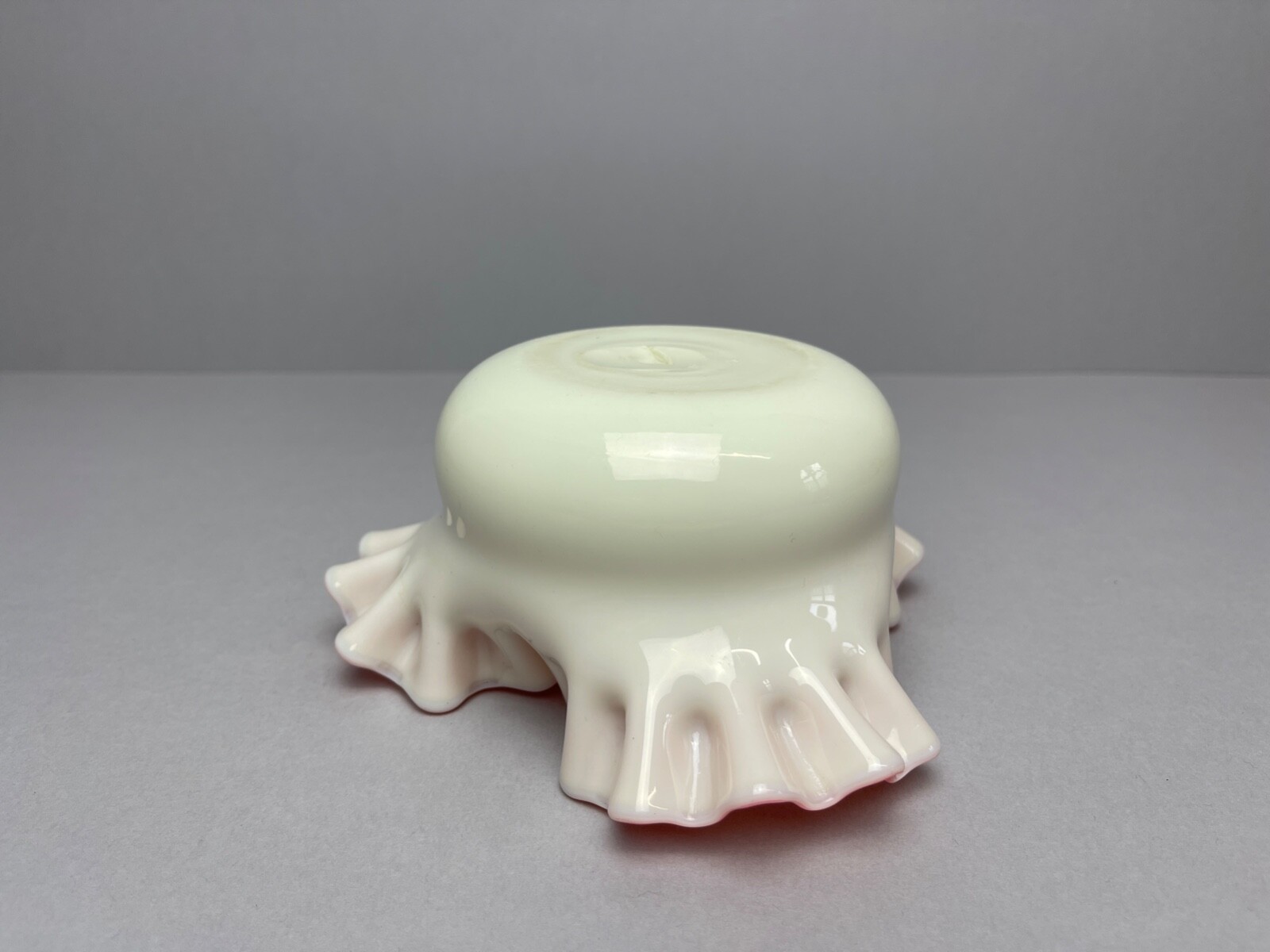 Antique Victorian Stourbridge Custard glass with a pink interior ruffled bowl