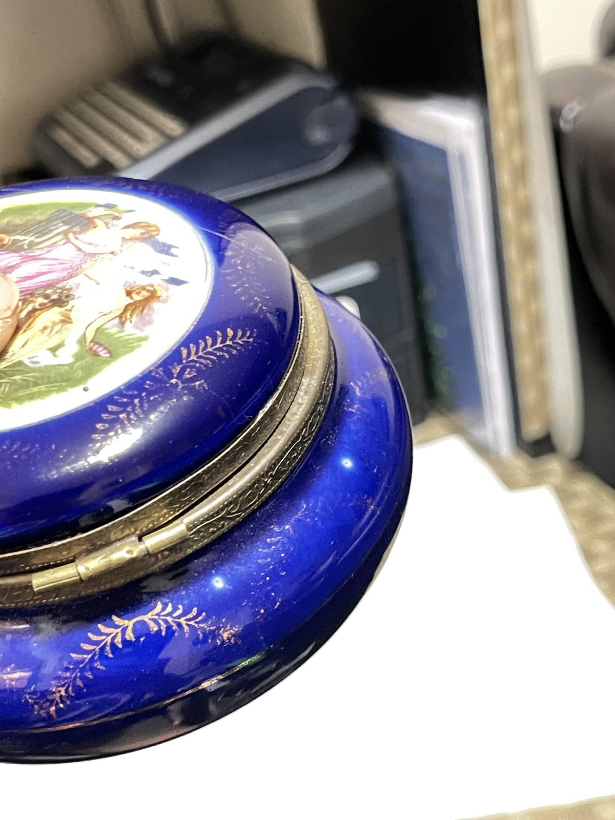 Vintage Cobalt Blue Porcelain Hinged Trinket Box Floral Victorian Scene Japan