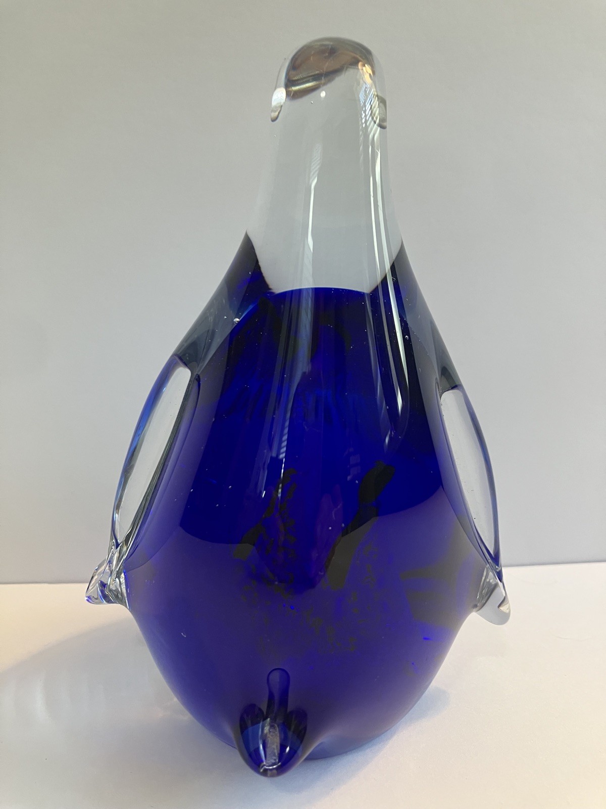 Art Glass Paperweight Penguin With 2 Babies Figurine Cobalt Blue & Clear 6″ 2+lb