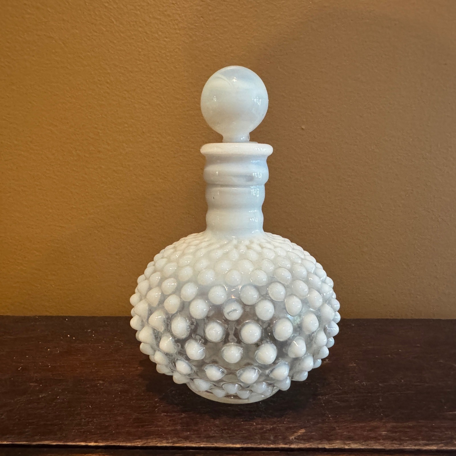 Vintage Ring of Fire Opalescent Milk Glass Hobnail Perfume Bottle & Stopper