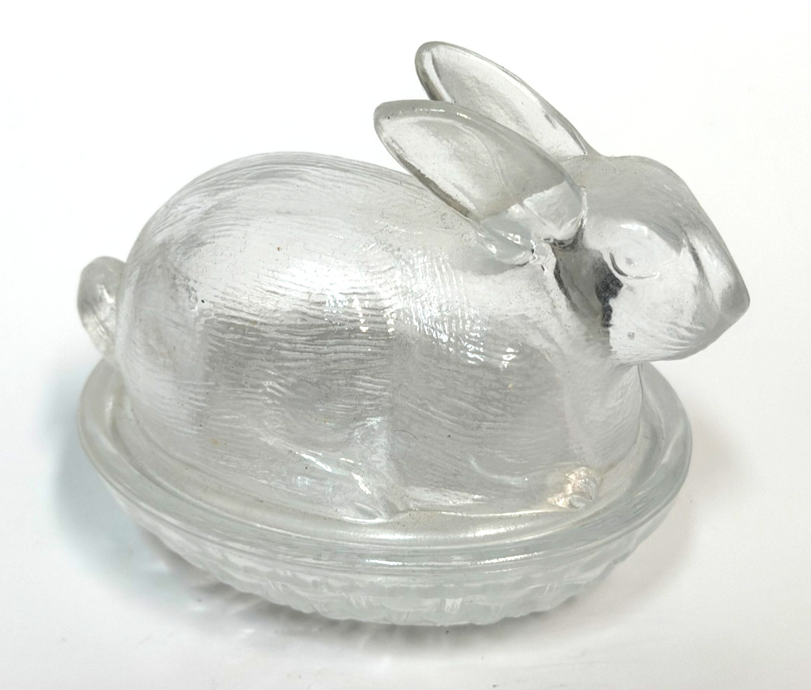 Vtg LE Smith Clear Glass Rabbit on Nest Covered Candy Trinket Dish Easter Decor