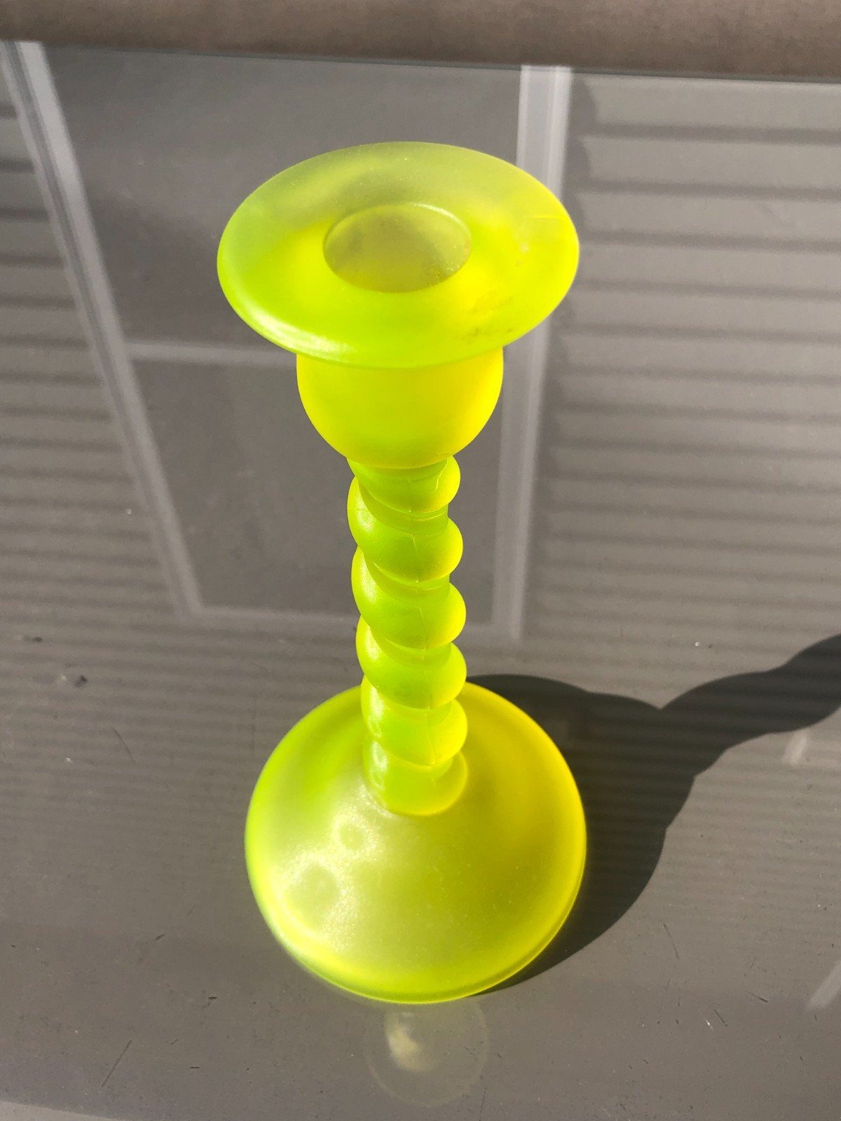 Tiffin Satin Canary Yellow Candlestick Holder Glass Spiral Twist 8-1/4″