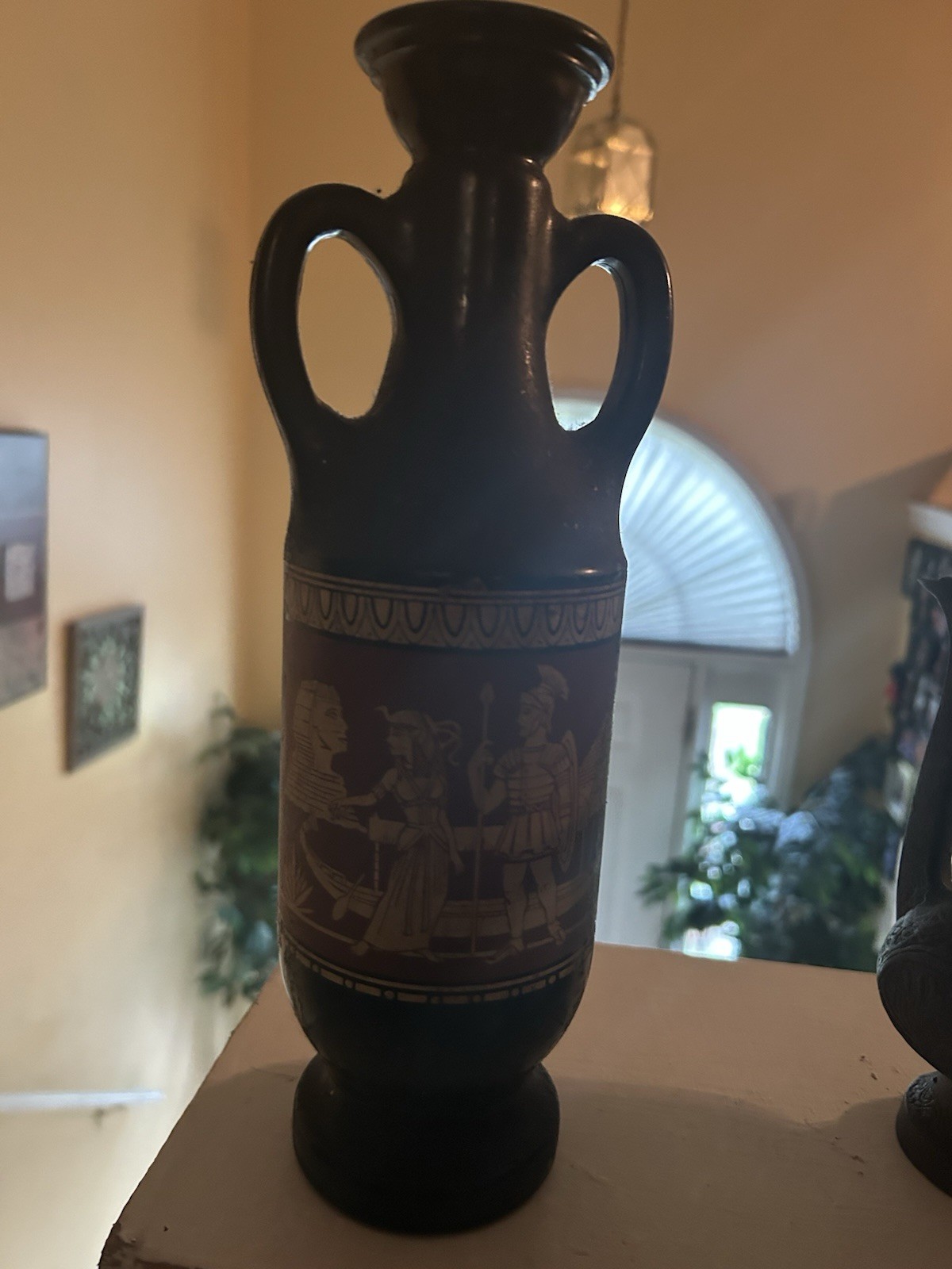 Unmarked Black Amphora-Style Vase with Twin Handles and Figural Band
