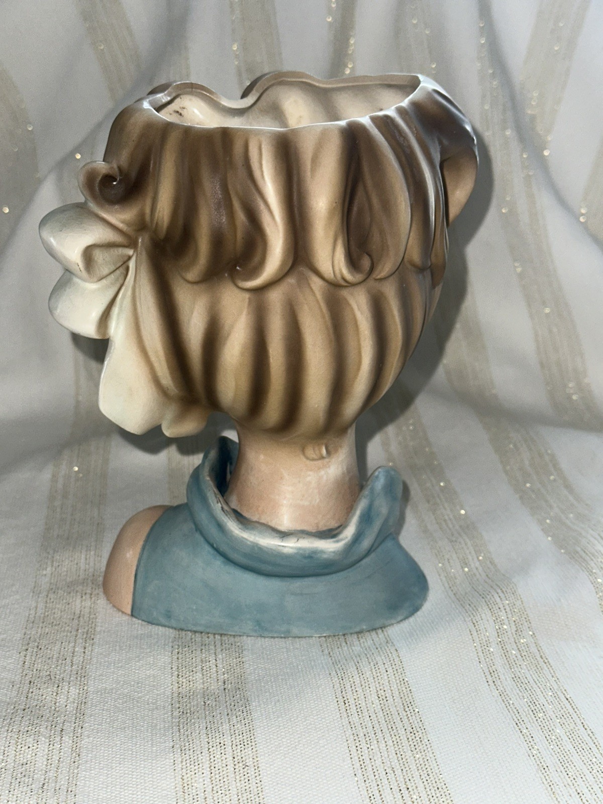 Relpo K1695 Vintage Lady Head Vase Blue with Bow 7”