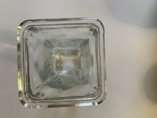 HOURGLASS-SHAPED GLASS BUD VASE 2.25 BASE & TOP 1.75 INCHES IN THE MIDDLE