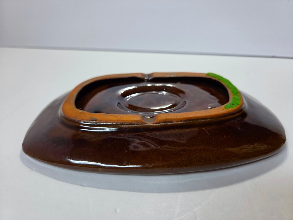 Vintage 1960s MCM Ceramic Drip Glaze Ashtray Trinket Dish Brown & Pink 7.25″