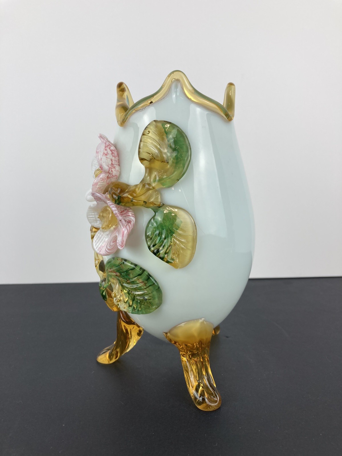 Stevens & Williams Egg Shaped Vase w/Applied Flowers/ Robin’s Egg Blue Inside!!