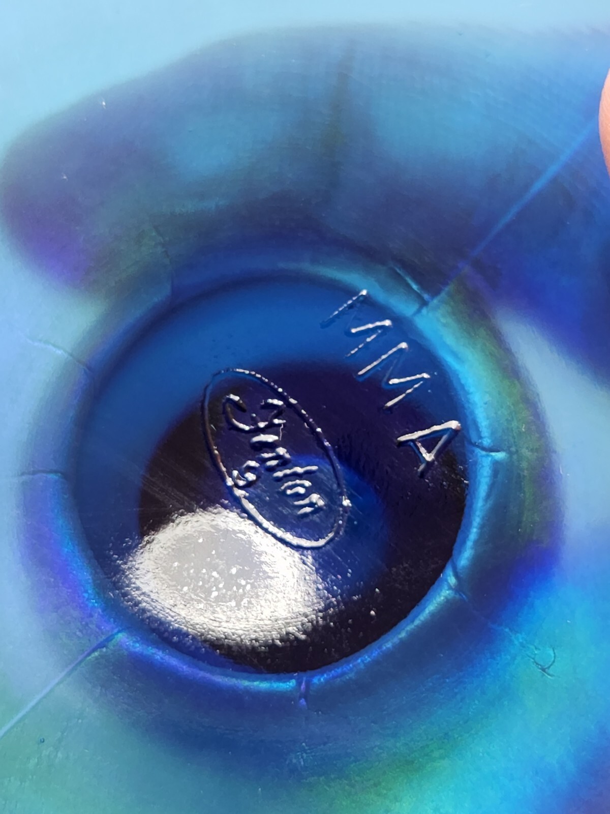 Fenton Blue Iridescent 1970’s Stretch Glass Fan Vase 8.5”